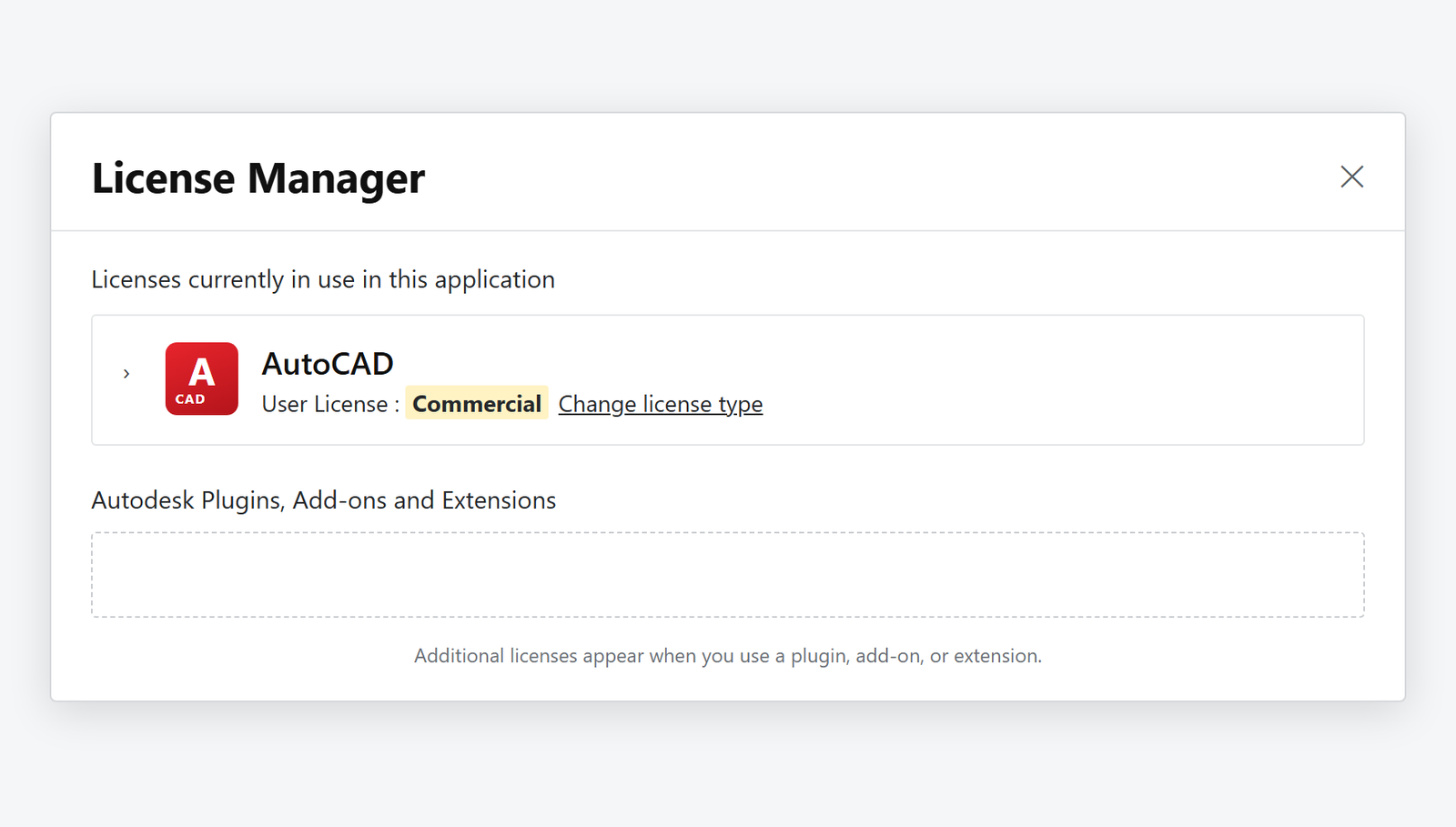 AutoCAD License Manager penceresi: User License satırı Commercial
